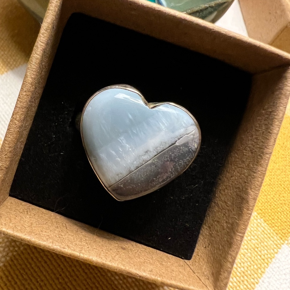 Blue White Gray Striped Agate Heart Ring
